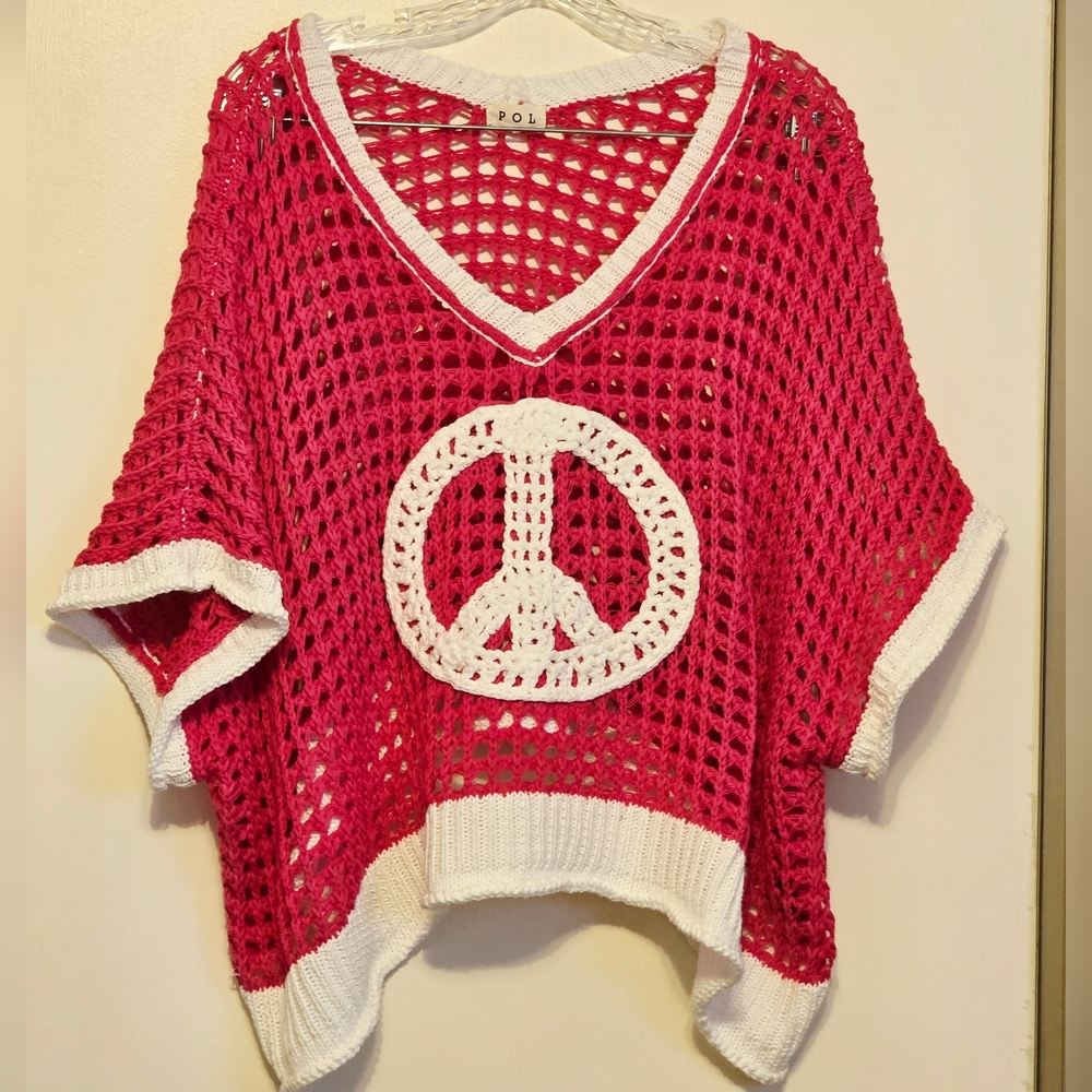 POL Open Knit Vneck Peace Sign Summer Sweater. Pink/White. Size S - Picture 5 of 11